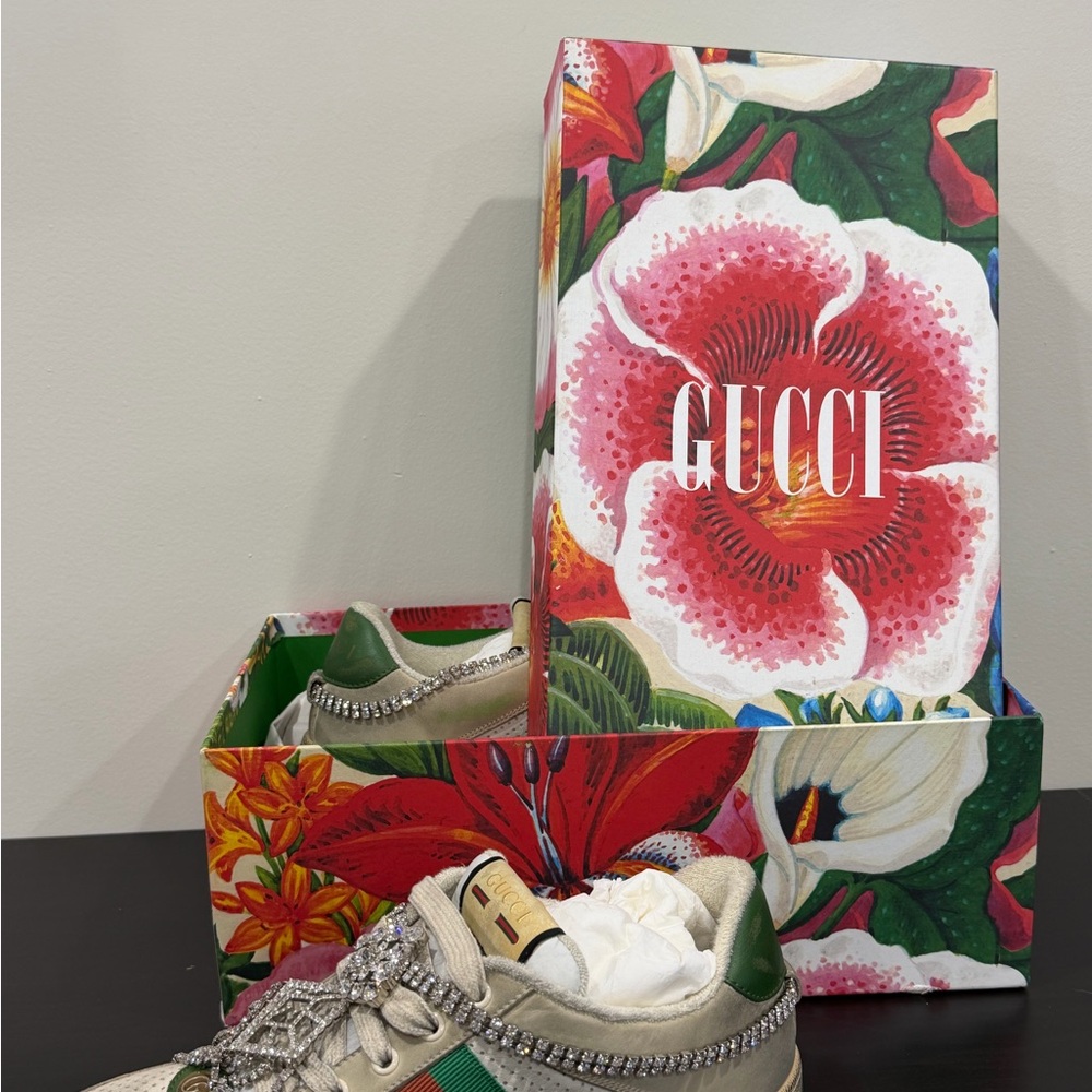 Gucci Cream/Green Sneakers w/ rhinestone chain/off-white collection- authentic - Picture 7 of 10
